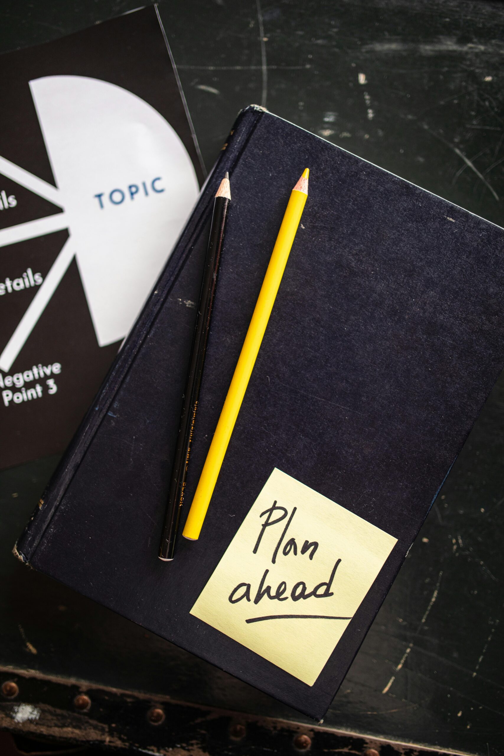 Top view of a book with pencils and a 'Plan ahead' note on it for organization.